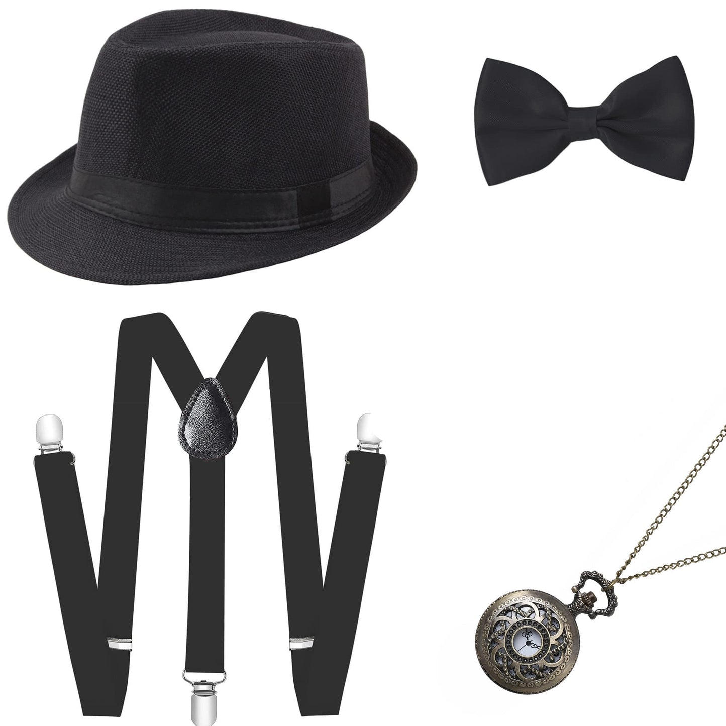 BABEYOND 1920s Mens Gatsby Gangster Accessories Set Panama Hat Suspender Bow Tie