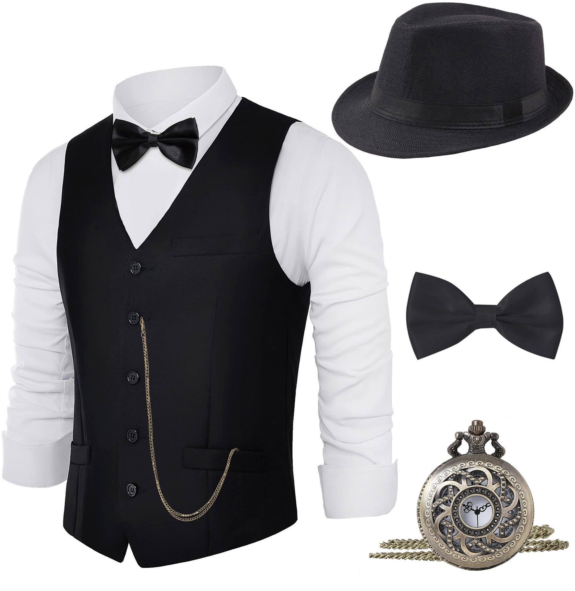 BABEYOND 1920s Mens Costume, Gatsby Gangster Costume Accessories Set For Men Vintage Vest Bowtie Pocket Watch Armbands