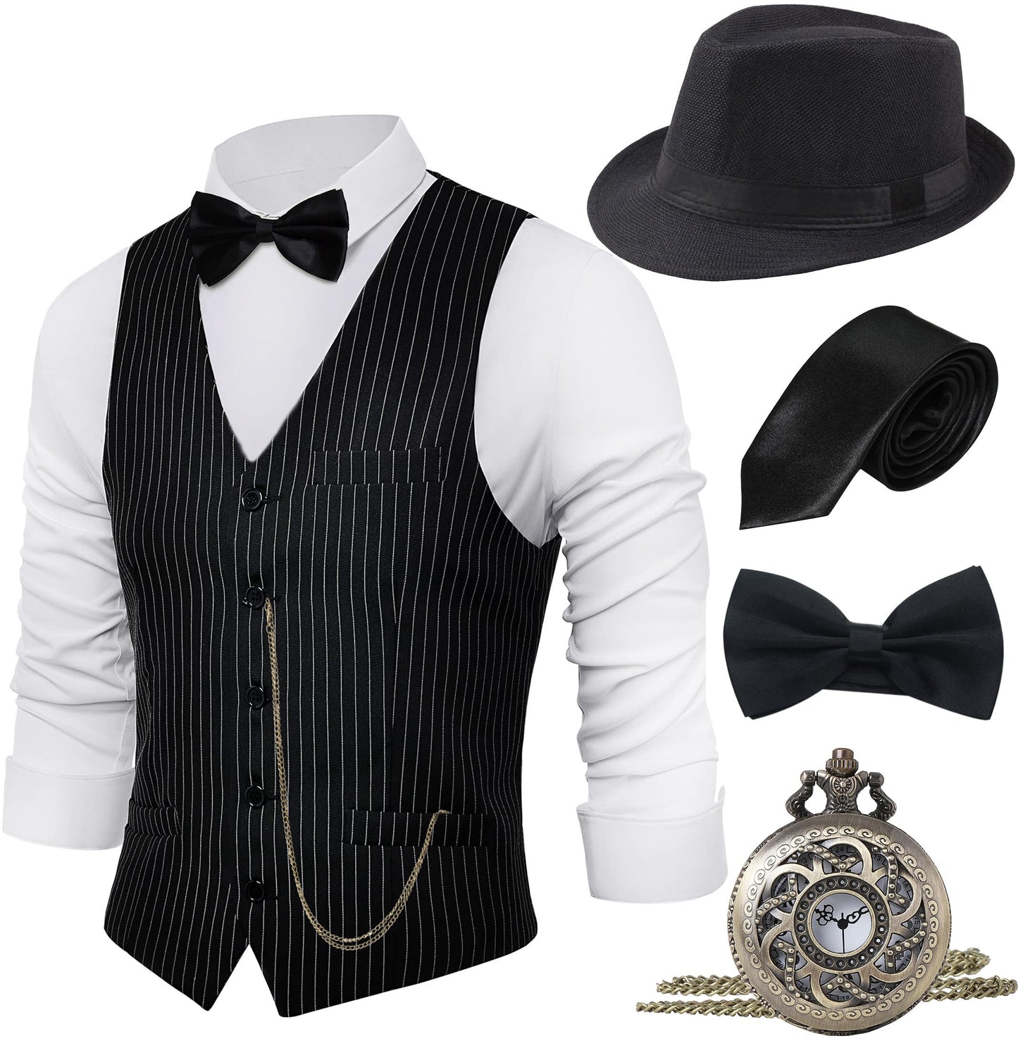 BABEYOND 1920s Mens Gatsby Gangster Vest Costume Accessories Set Fedora Hat