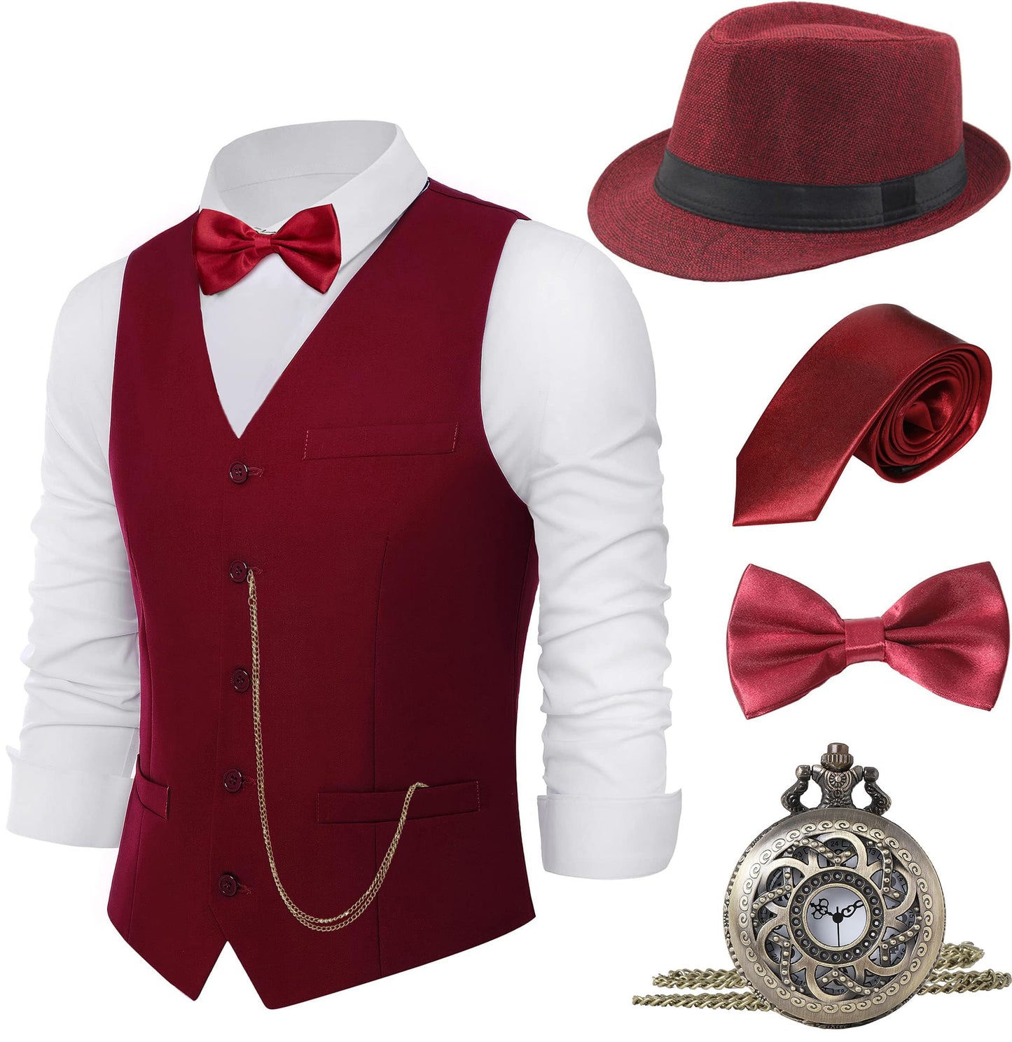 BABEYOND 1920s Mens Costume, Gatsby Gangster Costume Accessories Set For Men Vintage Vest Bowtie Pocket Watch Armbands
