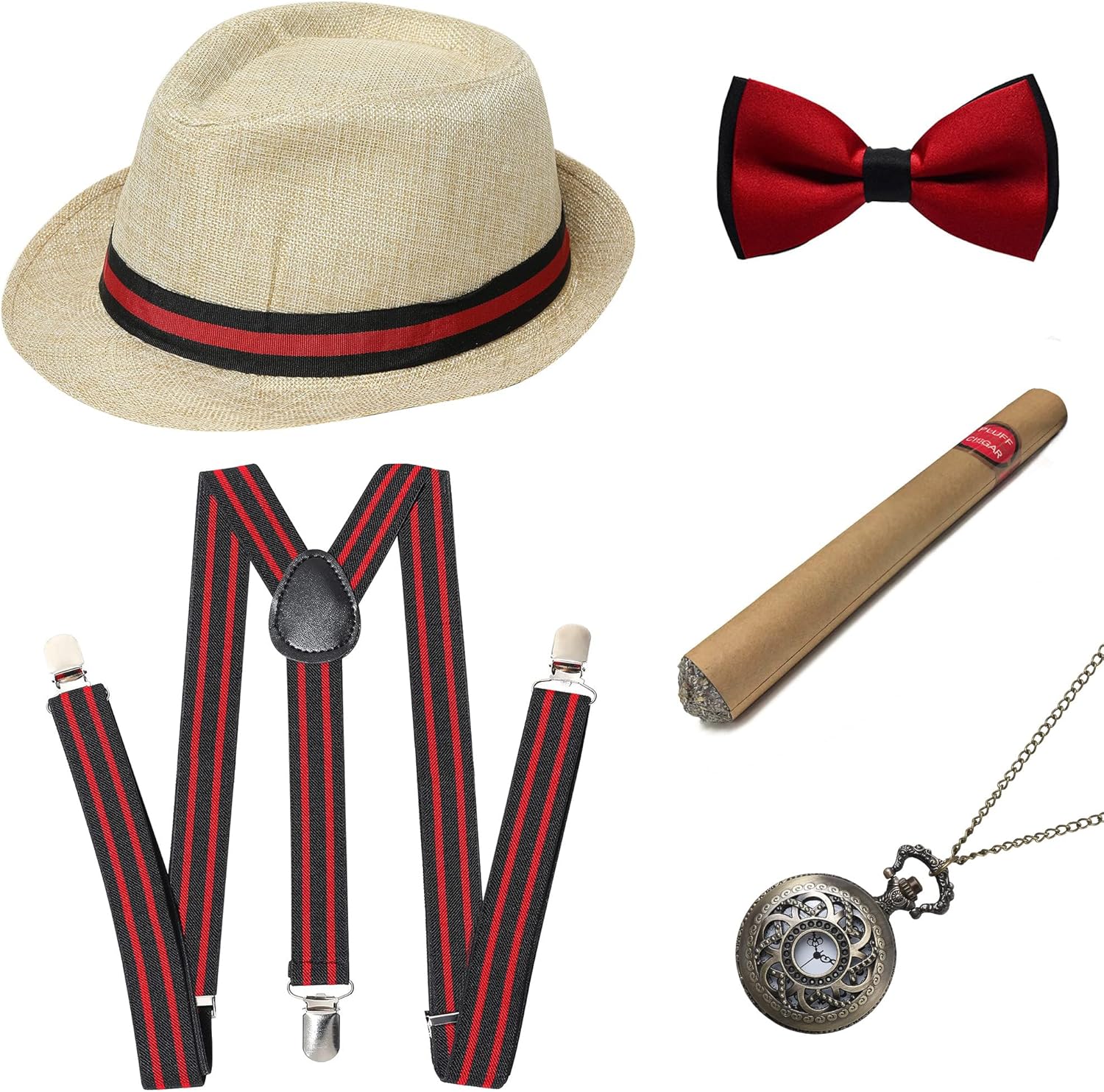 BABEYOND 1920s Mens Gatsby Gangster Accessories Set Panama Hat Suspender Bow Tie