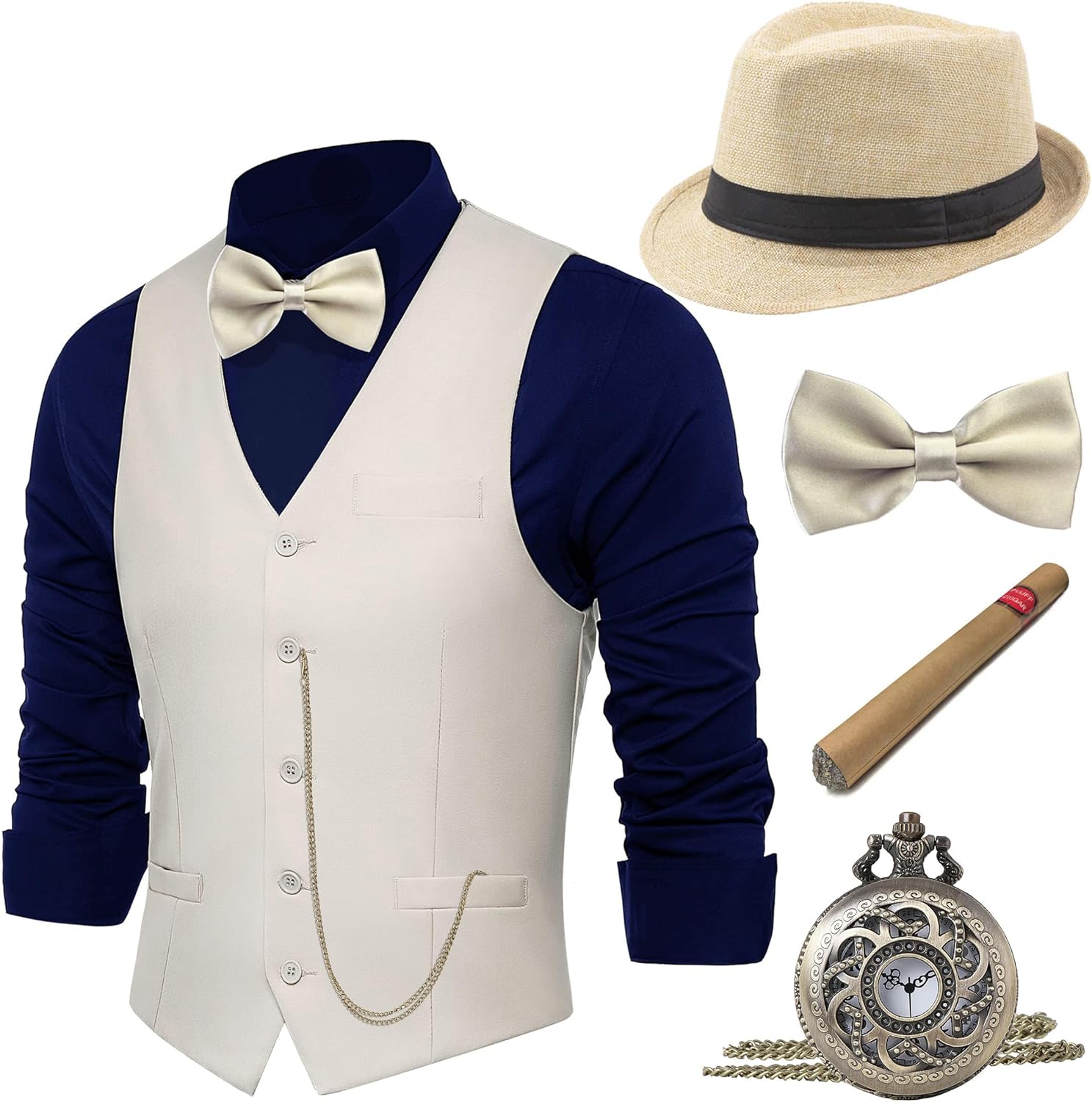 BABEYOND 1920s Mens Costume, Gatsby Gangster Costume Accessories Set For Men Vintage Vest Bowtie Pocket Watch Armbands