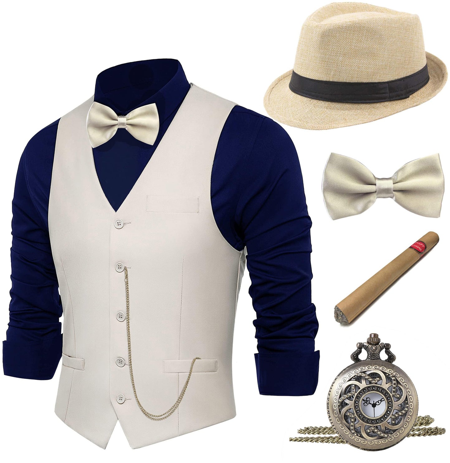 BABEYOND 1920s Mens Costume, Gatsby Gangster Costume Accessories Set For Men Vintage Vest Bowtie Pocket Watch Armbands