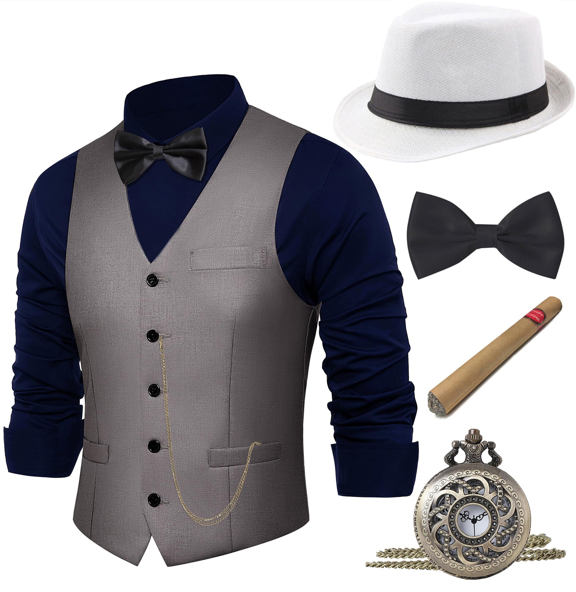 BABEYOND 1920s Mens Costume, Gatsby Gangster Costume Accessories Set For Men Vintage Vest Bowtie Pocket Watch Armbands